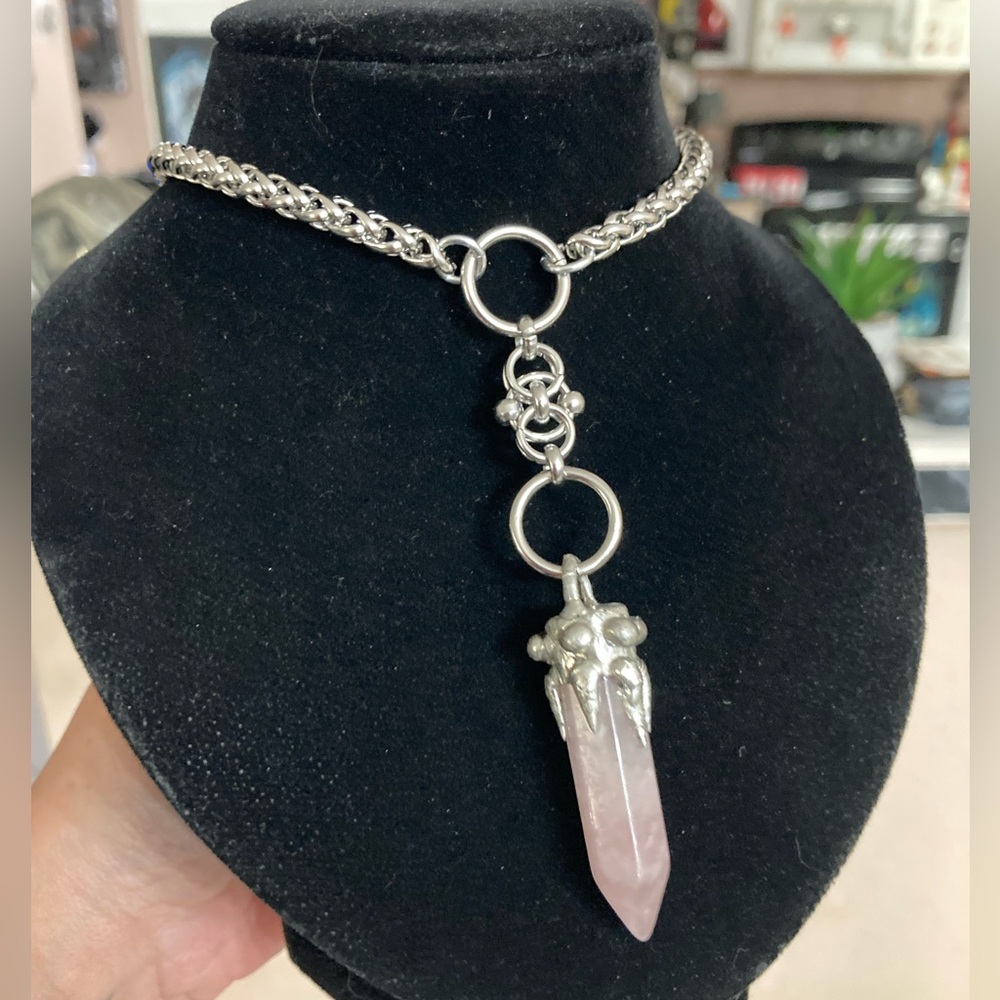 Genuine rose quartz bullet stainless steel maille celtic knot lariat Y necklace - Picture 12 of 16